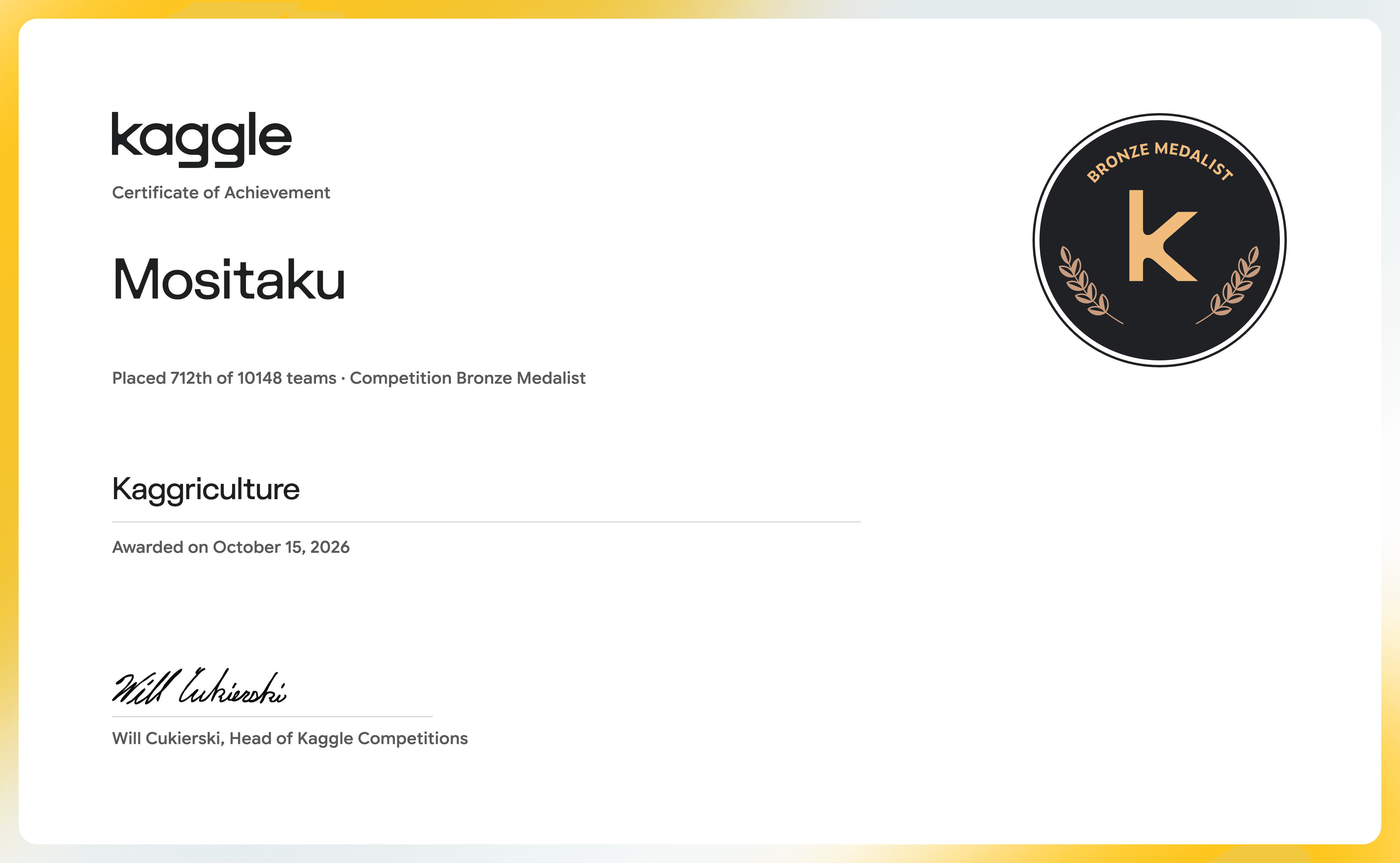 Kaggle Kaggriculture 銅メダル表彰状